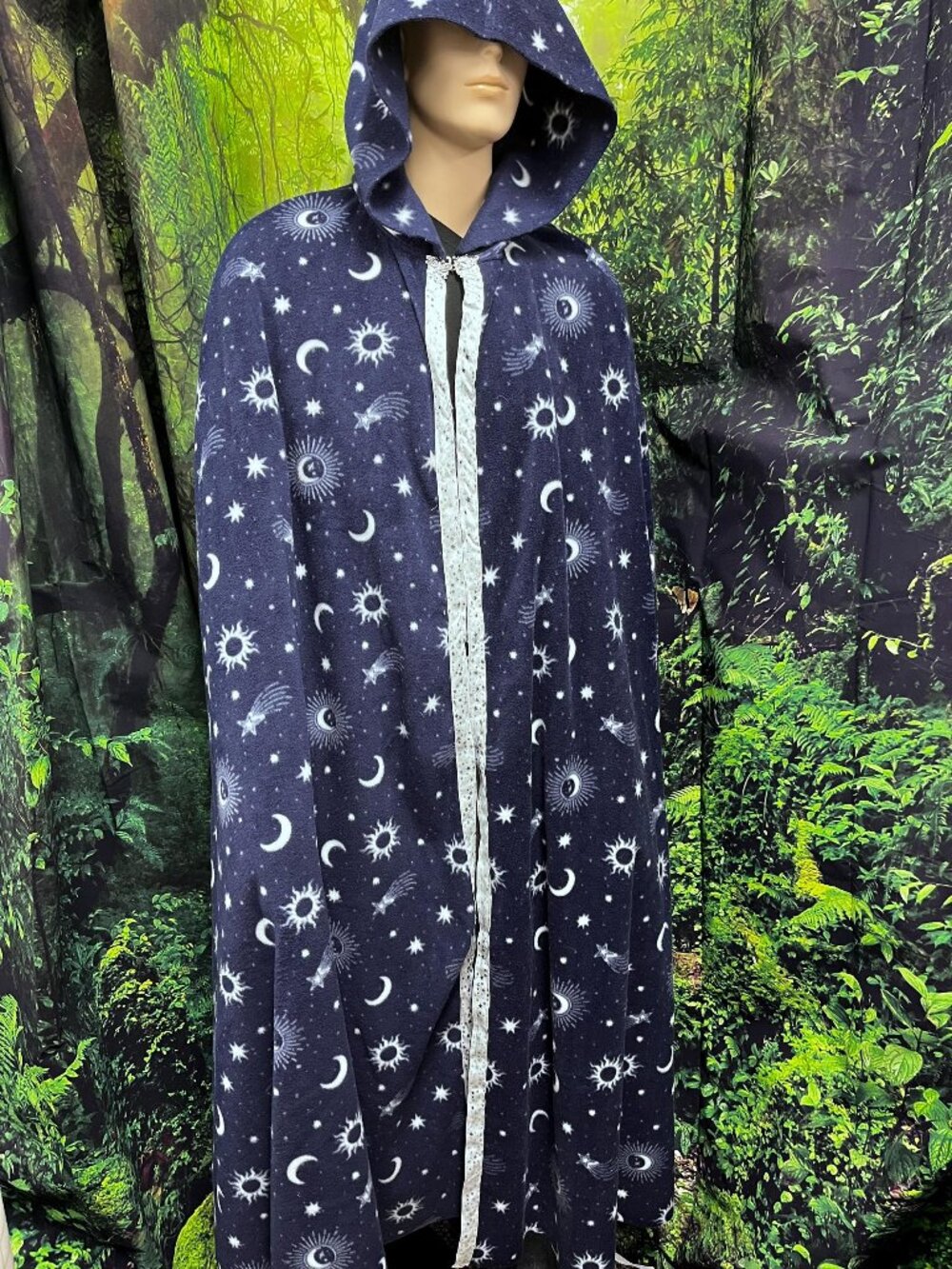 Celestial Fleece halloween Hooded Cloak: Midnight Blue moon & Stars Cosplay Cape